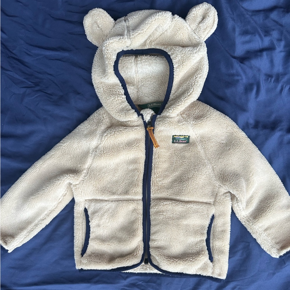 Cream Sherpa Hoodie Jacket with Navy Trim